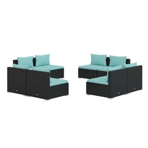 vidaXL Patio Lounge Set 8 Piece Modular Poly Rattan Black with Aqua Cushions for Garden, Deck, Poolside - 1 of 4