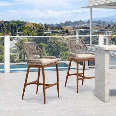 PURPLE LEAF Patio Sunbrella Bar Stools Set of 2 Handwoven Wicker Bar Height Stool Modern Aluminum Outdoor Wicker Barstools with Back and Cushion
