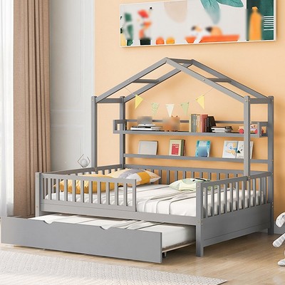 Full Size House Bed, Full Size House Bed Frame w/Drawers, Storage Shelves, Fence & TrundleTwin Size House Bed w/Roof Design, 57.8"W Wood Bedframe