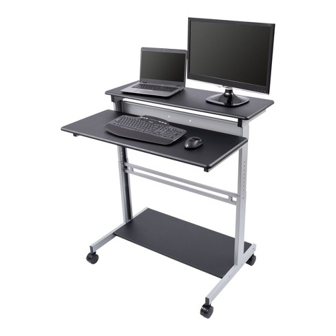 Stand Up Desk Store Mobile Rolling Adjustable Height Standing Workstation  with Printer Shelf and Slideout Keyboard Tray (White Frame/Black Top, 30  Wide) 