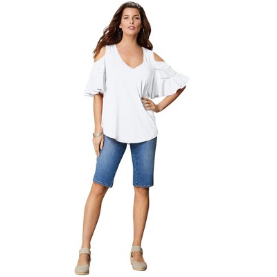 Roaman's Women's Plus Size Ruffle-Sleeve Top With Cold Shoulder Detail