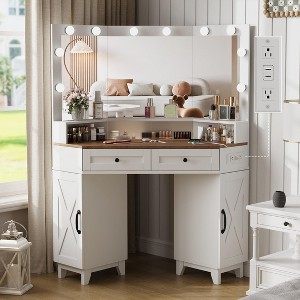 White Corner Vanity Desk with 3 Way Mirror, Adjustable Lights and Charging Station - 1 of 4