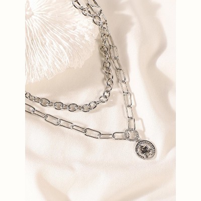 SOHI Women's Metallic Silver The Coin Chainlink Multi-Layer Necklace