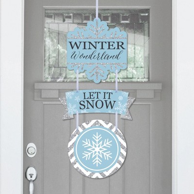 Big Dot of Happiness Winter Wonderland - Hanging Porch Snowflake Holiday Party & Winter Wedding Outdoor Decorations - Front Door Decor - 3 Piece Sign