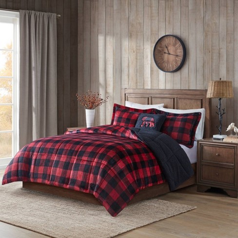 Rustic Cabin Black Red Plaid Buffalo Checker Reversible 8 pc Comforter Sheet set 