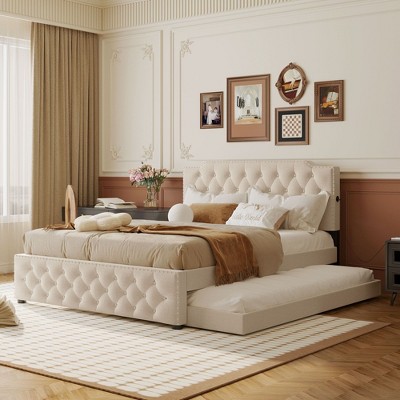 NicBex Queen Upholstered Bed Frame with Linen Tufted Headboard,Platform Bed Frame with 2 Drawers and USB Ports,Easy Assembly,Beige/Gray