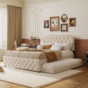 Linen Upholstered Bed with 2 Drawers & Dual USB Ports - Stylish & Functional - 1 of 4