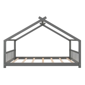 CLIHOME Full Size House Bed Pine Wood Bed Playhouse Children Bed Frame With Fence - 1 of 4