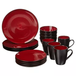 Gibson 109537.16R Soho Lounge 16 Piece Round Reactive Glaze Durable Dinnerware Plates, Bowls, and Mugs Set, Microwave and Dishwasher Safe, Red