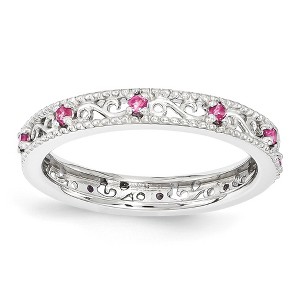 Black Bow Jewelry 3mm Sterling Silver Stackable Created Pink Sapphire Scroll Band - 1 of 4