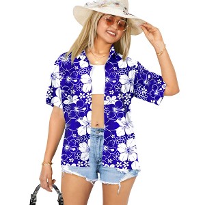 LA LEELA Women's Button Down Blouses Floral Party Blouse Shirt Short Sleeve Tropical Vacation Dress Hawaiian Shirts Tank Top Women - 1 of 4