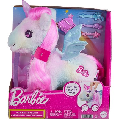 Barbie Walk with Me Allicorn Plush Toy with Lights and Sound, Stuffed Animal Set with Accessories