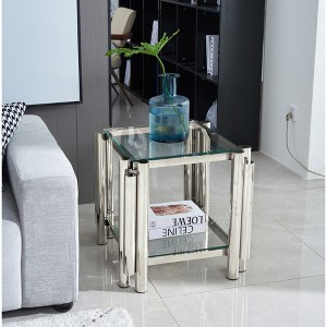 20" Square Modern Stainless Steel End Table with Double-Layer Tempered Glass and Storage - 1 of 4