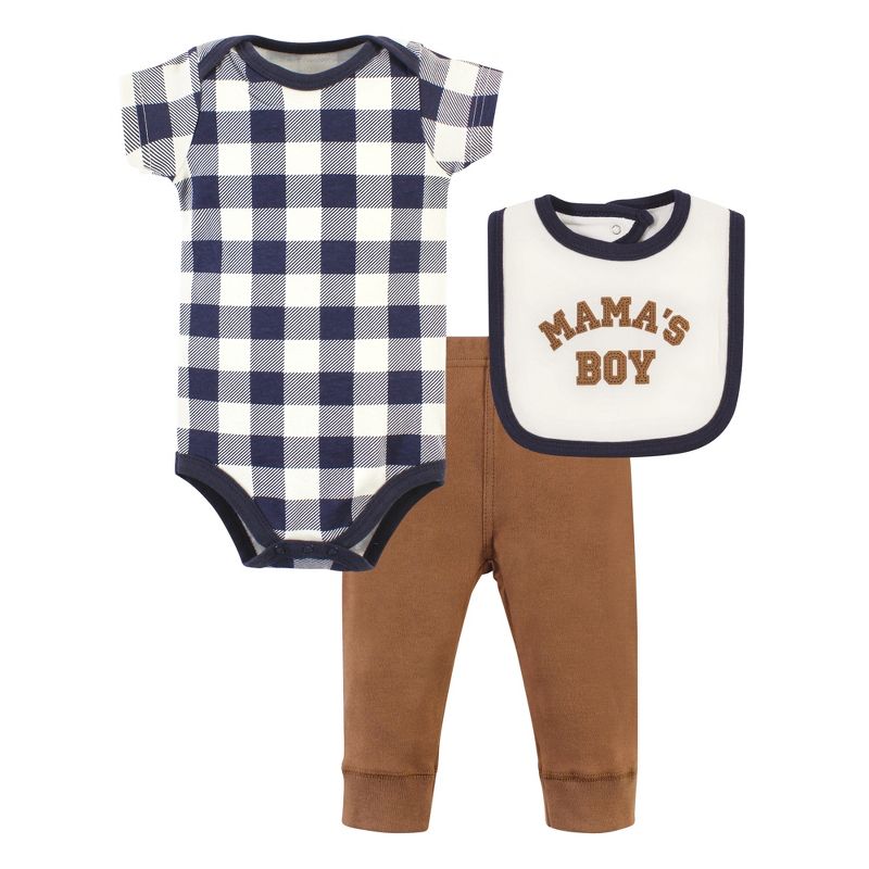 Hudson Baby Infant Boy Cotton Bodysuit, Pant and Bib Set, Brown Navy Mamas Boy, 1 of 6
