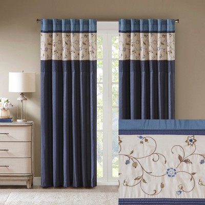 Navy Embroidered Light Filtering Pleated Curtain Panel