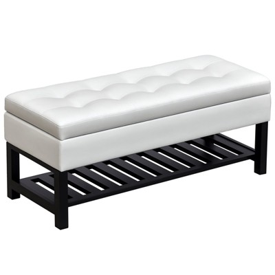Aghana Digitals 44" Black Faux Leather Tufted Storage Ottoman Bench with Slatted Shoe Rack & Padded