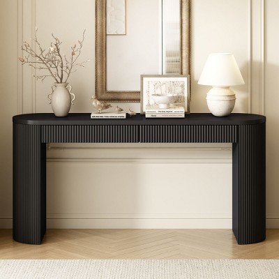 Black Console Table with Pine Veneer and Vertical Fluted Design,Modern Entryway Accent Table with Drawers–The Pop Home