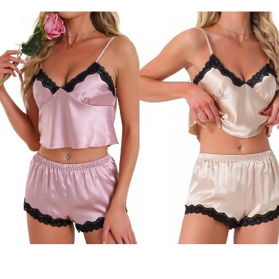 INSPIRE CHIC Women's 4 Pcs Loungewear Satin Lace Sleeveless Spaghetti-Strap Removable Pad Cami & Shorts Pajama Set