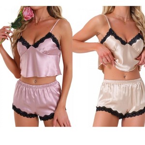 INSPIRE CHIC Women's 4 Pcs Loungewear Satin Lace Sleeveless Spaghetti-Strap Removable Pad Cami & Shorts Pajama Set - 1 of 4