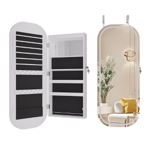 Fredees LED Mirror Jewelry Cabinet, Wall Mount or Over-the-Door Armoire with Rounded Mirror, Storage, Foldable Shelf & Lockable Interior, 16" Wide - 1 of 4