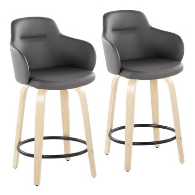 24" Contemporary Fixed-Height Counter Stool with Swivel in Wood and Faux Leather with Round Footrest - Set of 2