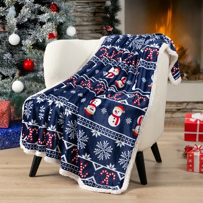 Blue Christmas Snowman Sherpa Fleece Reversible Throw Blanket