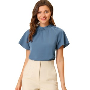 Allegra K Women's Short Sleeve Casual Business Pleated Mock Neck Tops - 1 of 4