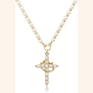 14K Gold Plated Crown Cross Pendant Necklace Non Tarnish Religious Gift E Pearl Necklace, Gold - 1 of 4