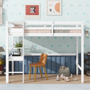 Whisen Twin High Loft Bed, Rubber Wood Loft Bed with Ladder, Safety Guardrail and built-in desk - 1 of 4