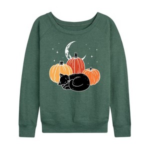 Women's - Instant Message - Black Cat Pumpkin Nap Lightweight French Terry Wide Neck Long Sleeve Graphic Shirt - 1 of 4