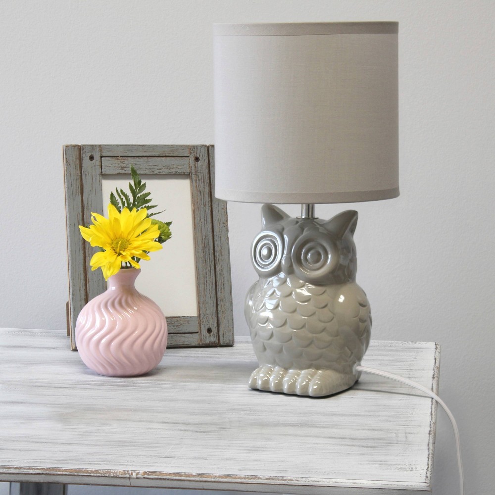 12.8" Ceramic Owl Bedside Lamp with Fabric Drum Shade: No Assembly, ETL Listed - Simple Designs