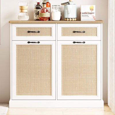 Double Tilt Out Trash Cabinet, Rattan Trash Can Cabinet with 20 Gallon Storage