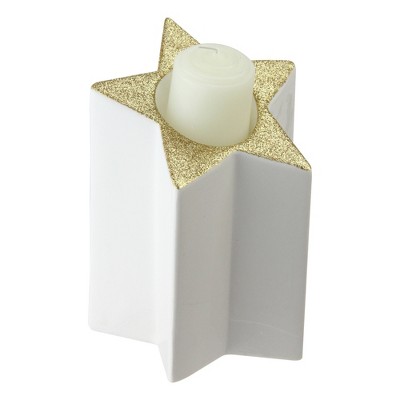 Northlight 6.25" Star Shaped Glittered Tea Light Candle Holder - White/Gold