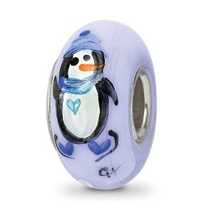 Black Bow Jewelry Fenton Blue Hand Painted Penguin Glass & Sterling Silver Bead Charm - 1 of 4
