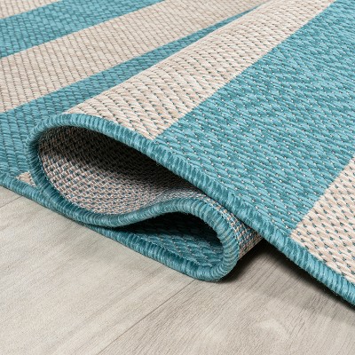 Aqua and Cream Striped Synthetic 4' x 6' Rug