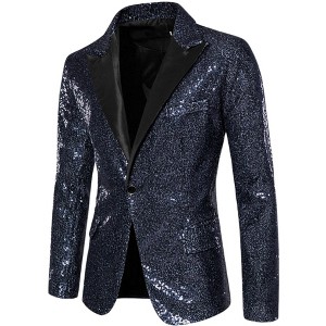 INSPIRE CHIC Men's Peak Lapel Color Block Shiny Sparkle Sequin Blazer - 1 of 4