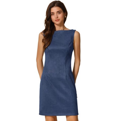Женские платья INSPIRE CHIC Women's Faux Suede Boat Neck Sleeveless Sheath Dress Small Dark Blue