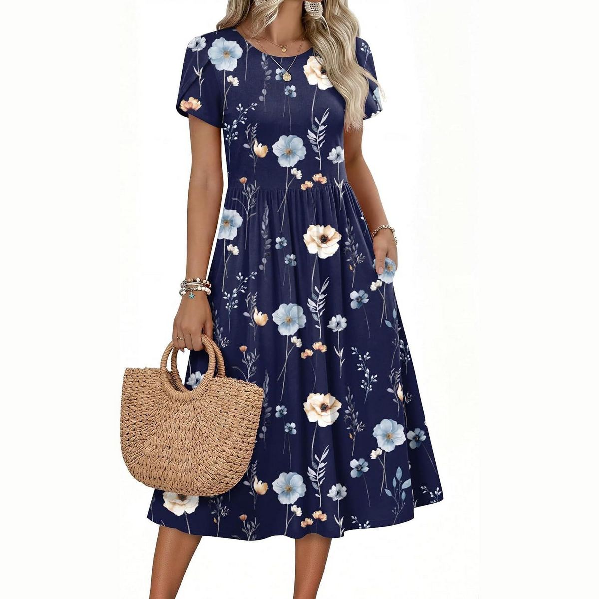 Zeagoo Women Summer Short Sleeve Midi Dress with Pockets Casual Aline Flowy Tshirt Dress Floral Vocation Beach Sundress