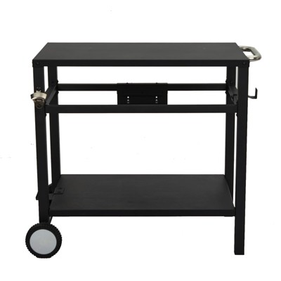 Outdoor BBQ Prep Table, 2-Shelf Folding Metal Grill Cart with Wheels, Pizza Oven Stand & Storage Hooks, Black