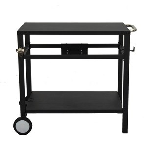 Outdoor BBQ Prep Table, 2-Shelf Folding Metal Grill Cart with Wheels, Pizza Oven Stand & Storage Hooks, Black - 1 of 4
