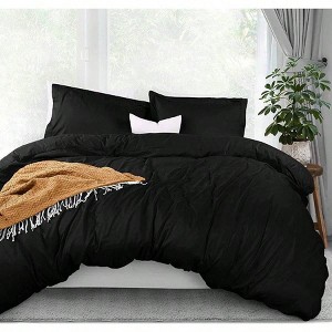 Queen Size Duvet Cover Set - 3 Piece with Zipper, 90x90 Comforter 2x20x26 Shams, Black - 1 of 4