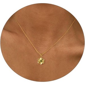 Dainty Birth Flower Necklace with Emerald Birthstone, 14K Gold Plated Cubic Zirconia Pendant, Birthday Gift for Women - 1 of 4