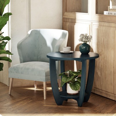 JIONJOY Farmhouse End Table with Lower Shelf   - Rustic Round Side Table for Living Room