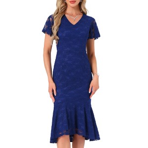 INSPIRE CHIC Women's Lace Floral Fishtail Formal Cocktail Short Sleeve Midi Dress Medium Dark Blue