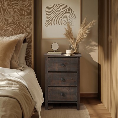 KTMBDW Nightstand Side Table with 3 Drawers, 3-Drawer Bedside Table with Charging Station for Bedroom, Brown