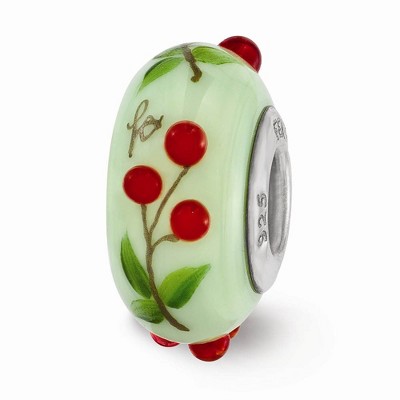 Black Bow Jewelry Fenton Green Hand Painted Cherries Glass & Sterling Silver Bead Charm