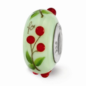 Black Bow Jewelry Fenton Green Hand Painted Cherries Glass & Sterling Silver Bead Charm - 1 of 4