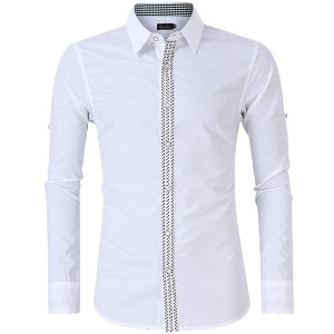 Men's Casual Long Sleeve Shirt Solid Color Embroidery Detail Button Down Top - 1 of 4
