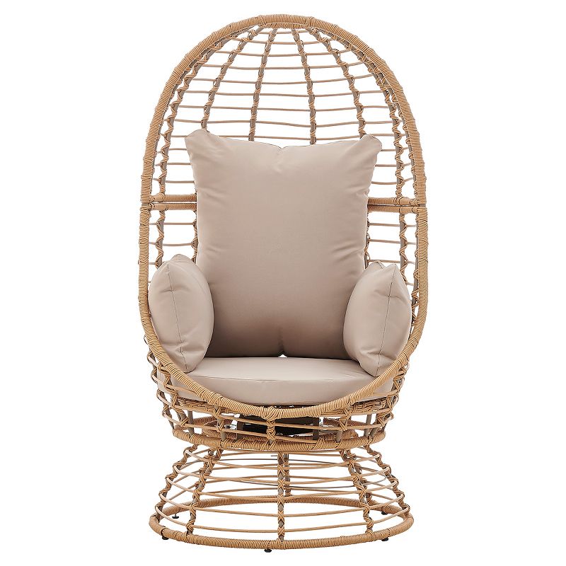 Barton Outdoor Rattan Wicker Swivel Basket Egg Chair Lounge Chair with Cushion, Beige, 3 of 7