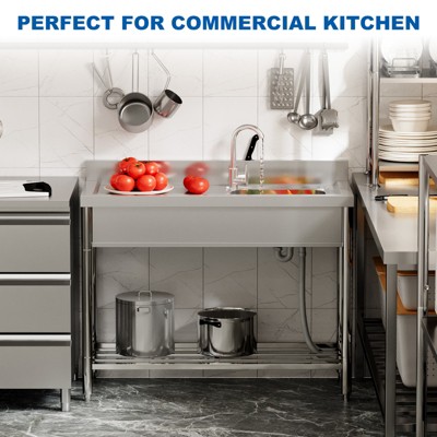 Stainless Steel Workbench with Right Side Sink - Versatile Usage, Robust Load Capacity,, Convenient Water Supply, Long-Lasting Durability